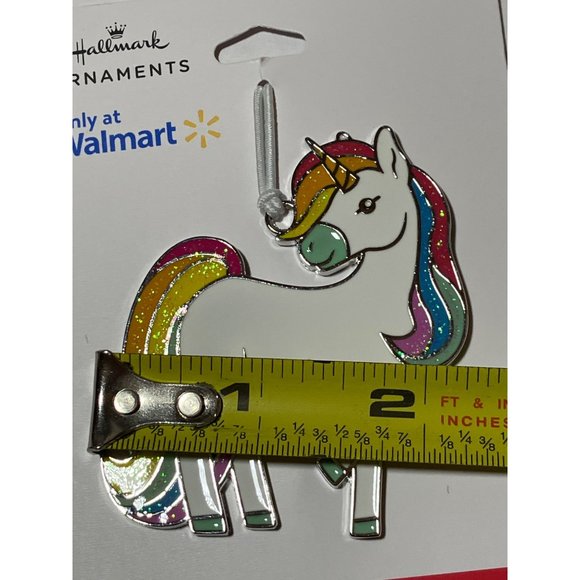 Hallmark 2022 Rainbow Unicorn Christmas Ornament 2.5” Flat Metal Enamel Glittery - Picture 5 of 8